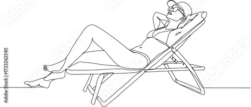 Relaxed woman sunbathing on beach chair line art sketch summer vacation vector