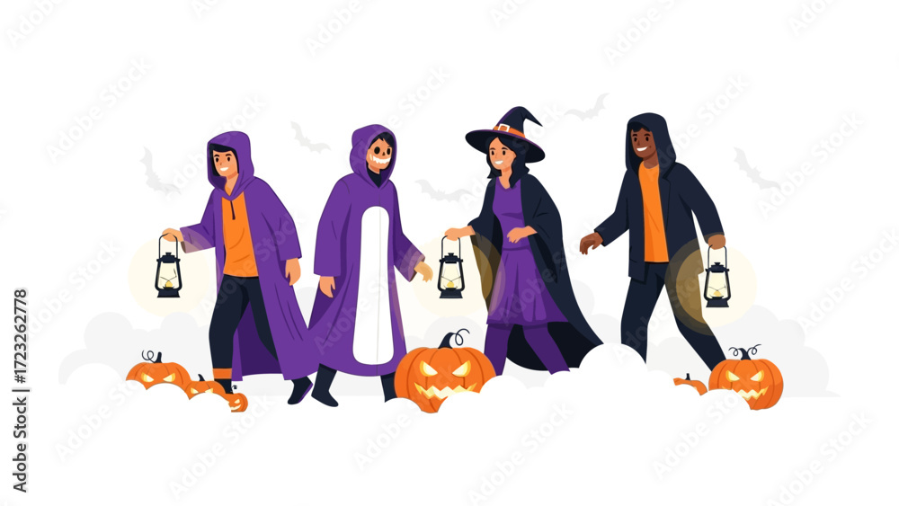 Obraz premium Halloween Gathering: A group of diverse friends, dressed in whimsical costumes, gather together during Halloween, holding lanterns, their faces alight with eerie fun.