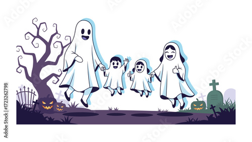 Spooky Ghost Family: A whimsical illustration of a family of ghosts, each cloaked in ghostly white sheets, playfully hovering near a spooky graveyard and jack-o'-lanterns.