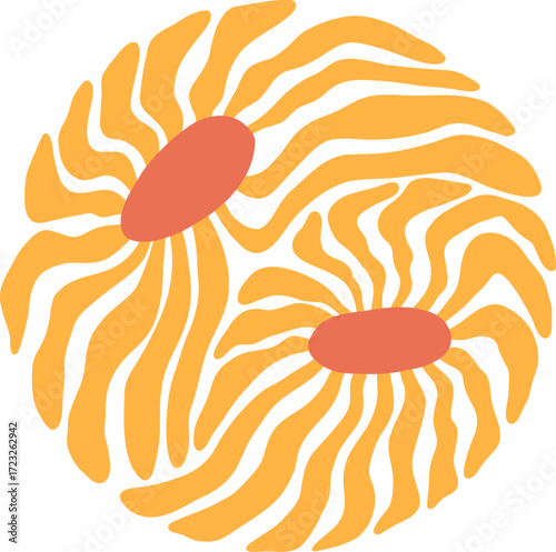 Abstract circular design with two orange flowerlike elements