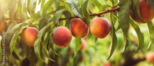 The vibrant peaches hanging on a tree branch in a sunlit orchard.