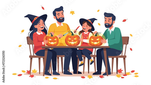 Family pumpkin carving celebration: A lively family engages in festive pumpkin carving around a table, embracing the spirit of Halloween.