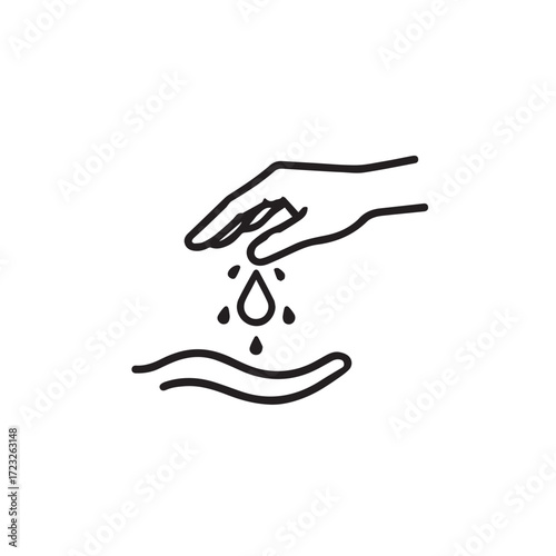 Cleanliness and Hygiene Concept Minimalist line art icon of liquid droplets falling from one hand into another, symbolizing washing, sanitizing, or purification