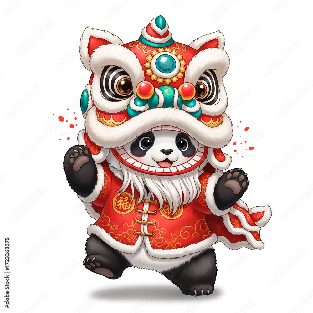 Fototapeta premium Festive panda in a vibrant red and gold lion dance costume, striking a dynamic pose with a playful expression, embodying cultural celebration in a colorful digital cartoon illustration.
