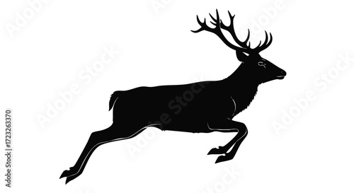 Majestic stag silhouette leaping powerfully across a clean white background, symbolizing freedom and nature's grace