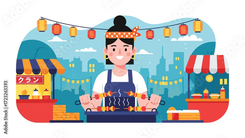Culinary Delight: A smiling female vendor at a vibrant food market, skillfully presenting freshly grilled skewers, illuminated by festive lanterns and set against the backdrop of a bustling cityscape.
