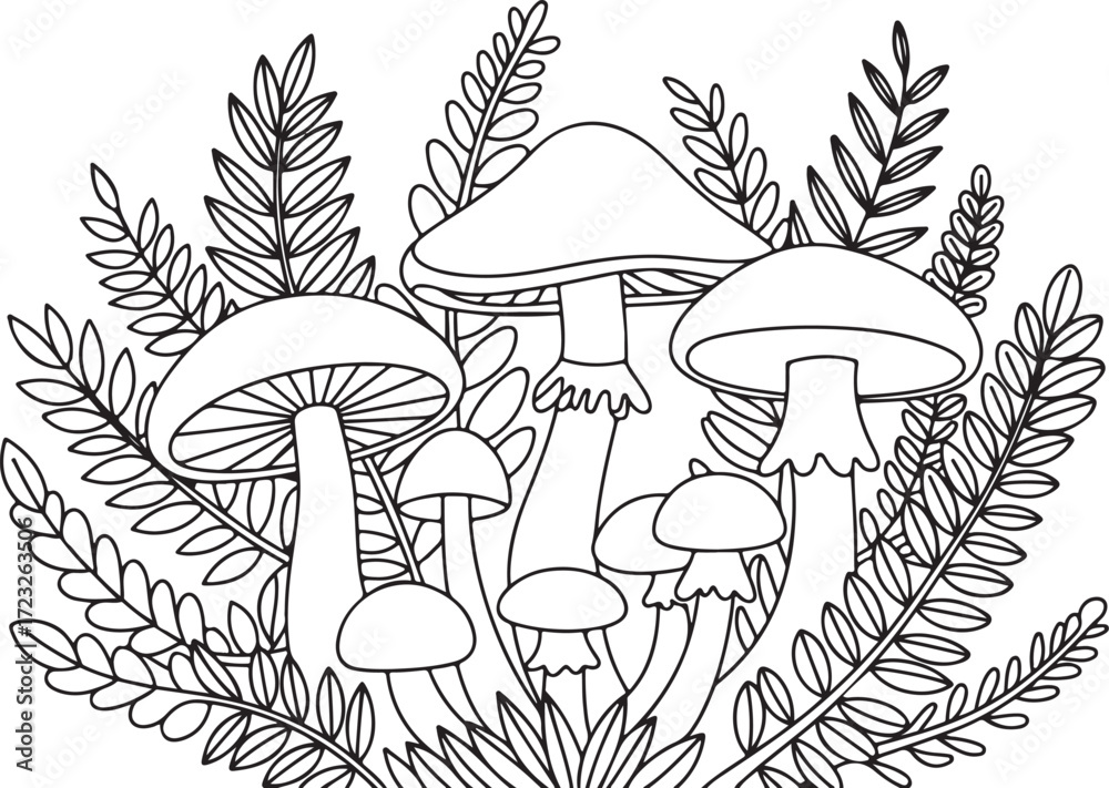 Obraz premium Whimsical Mushrooms and Fern Leaves Line Art – Cute Nature Coloring Page for Kids and Adults