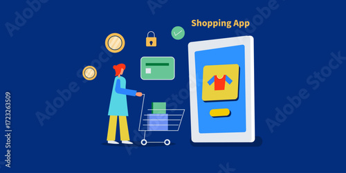 Woman with shopping trolley stands before mobile screen showcasing clothing app  and surrounded by secure digital commerce symbols.