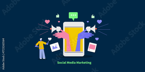Dual hands with megaphones amplifying messages, content promotion and audience responds with like, comments, social media reactions.