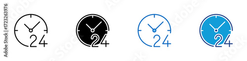 24h Service Multiple Style Icon Design Vector - Clock icon with “24” label indicating around-the-clock availability