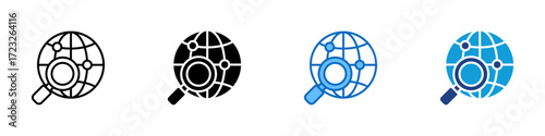 Global Connection Multiple Style Icon Design Vector - Globe with network nodes and magnifier, symbolizing worldwide access and tracking