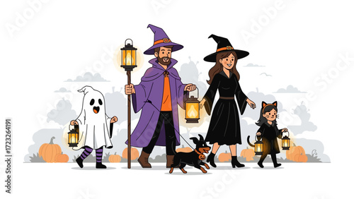 Halloween Family Costume Parade: A cheerful family dressed in whimsical Halloween costumes strolls along a street, guided by the soft glow of their lanterns.