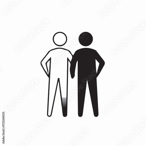 Minimalist black and white icon of two people standing together, a symbol for teamwork, partnership, and diversity