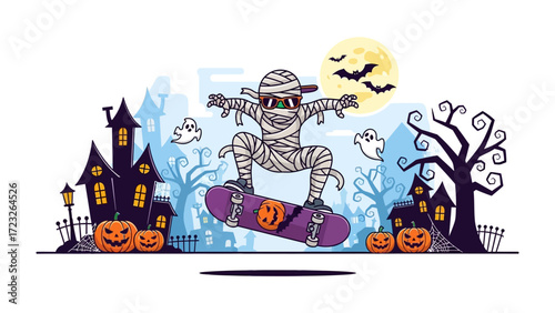 Halloween Mummy Skateboarding: A spooky mummy, wrapped in bandages, effortlessly rides a skateboard amidst a vibrant Halloween scene of pumpkins, haunted houses.