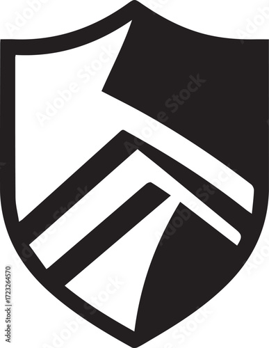 Abstract shield logo concept in black and white. A modern minimalist graphic design element symbolising protection, strength, and a journey forward
