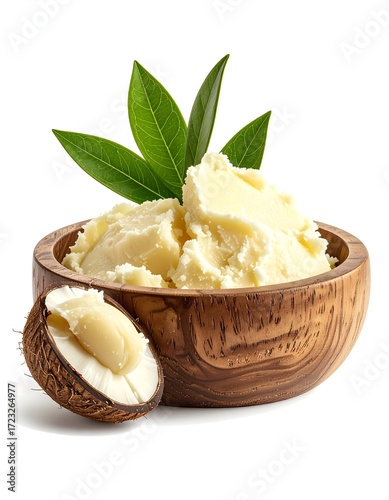 Creamy shea butter in a wooden bowl, with leaves and coconut halves