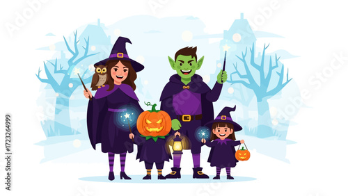 Enchanted Halloween Family: A captivating, whimsical illustration portraying a family dressed up for Halloween, with fantastical costumes in a magical, spooky landscape.