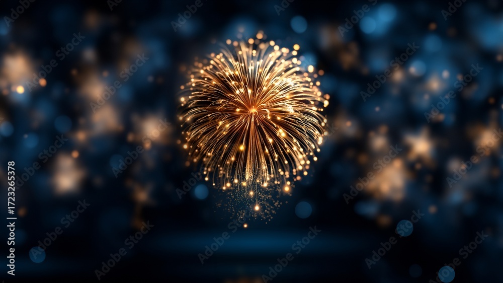 Fototapeta premium Einzelne goldene Feuerwerksexplosion mit strahlenden Funken vor unscharfem dunklem Hintergrund mit Bokeh-Effekt