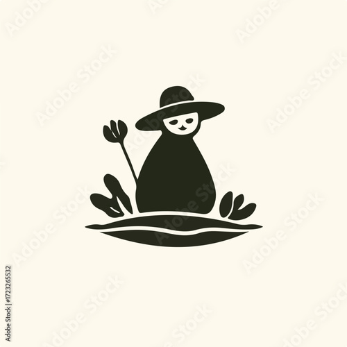 Minimalist Gardener Icon Simple Illustration of a Person in a Hat Tending to Plants, Representing Cultivation and Connection to Nature