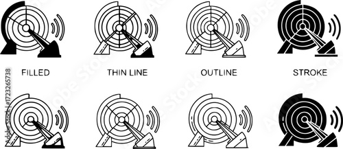 Radar detection icon in filled, thin line, outline and stroke style. Vector illustration of two colored and black radar detection vector icons
