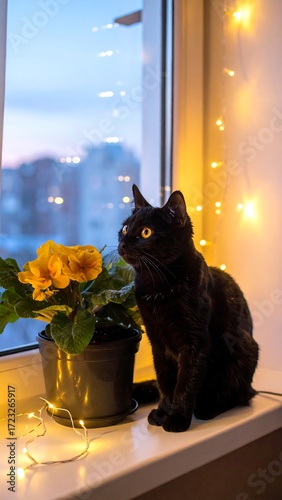 Black cat on windowsill with flowers and lights