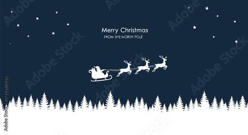 Santa Claus sleigh ride with reindeer across starry night sky over snowy forest, delivering Christmas joy
