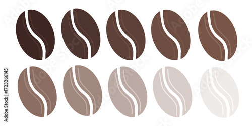 Coffee beans roasting levels vector set. Hand drawn set of coffee beans from dark to light roast