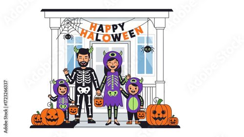 Halloween Family Fun: A delightful family dressed in festive Halloween costumes stands proudly in front of their festively decorated house, creating a heartwarming scene.