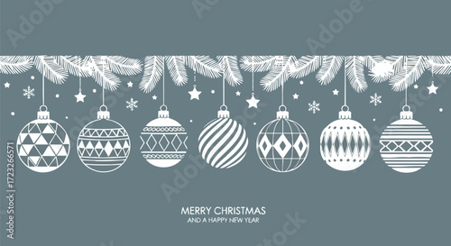 Elegant Christmas greeting card with hanging white patterned baubles and fir branches on a grey background.