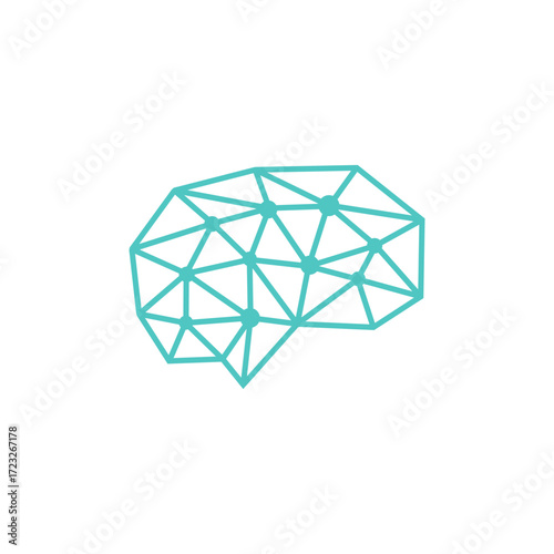 Abstract teal polygonal brain graphic, interconnected network design.