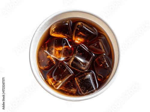 An overhead view of cola with ice on transparent background