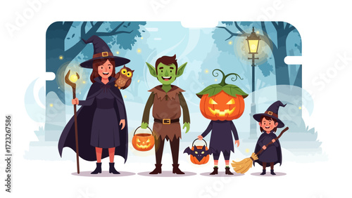 Spooky Halloween Gathering: A gathering of festive Halloween characters, each in a creative costume, ready for trick-or-treating under the moonlit sky. Capturing the spirit of Halloween and fun!