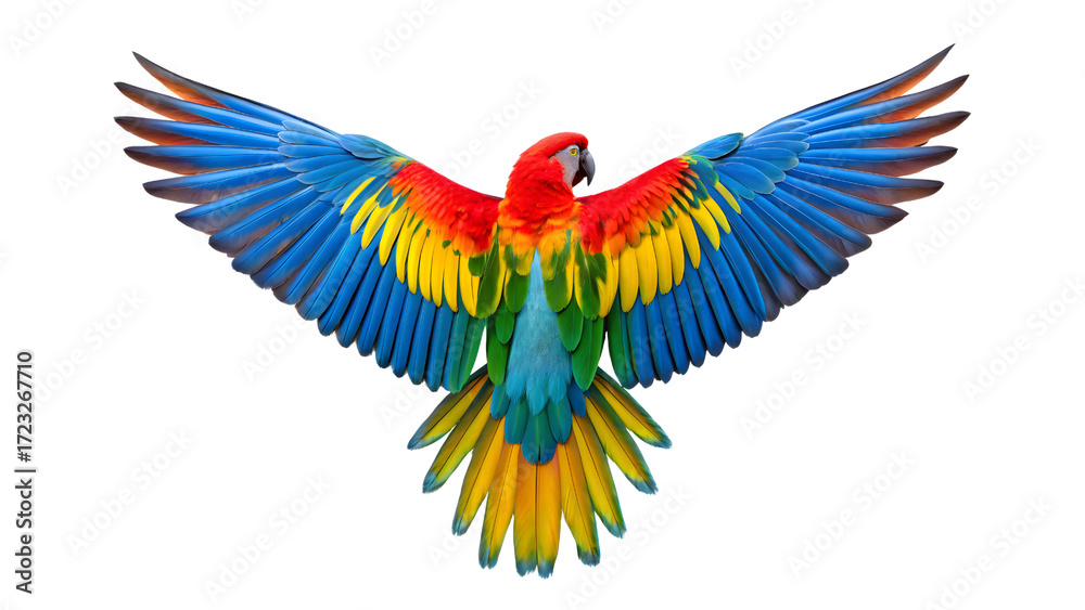 Obraz premium A colorful macaw parrot with its wings spread wide isolated on transparent background