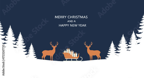 Elegant winter scene with reindeer, sleigh, and gifts wishes Merry Christmas and a Happy New Year