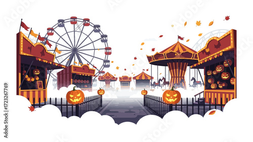 Halloween Carnival illustration: A charming Halloween carnival, complete with festive pumpkins, rides, and joyful atmosphere, with a stylized illustration. evoking excitement and seasonal cheer. 