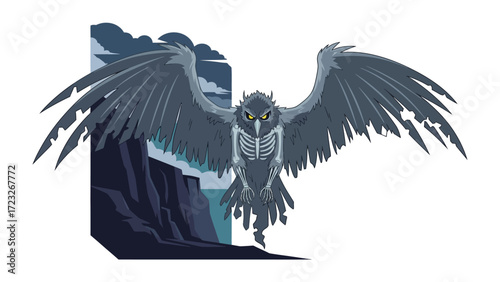 Soaring Silhouette: An owl takes flight against a moonlit landscape, its form a testament to nature's majesty and the mysteries of the night.