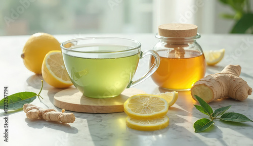 Refreshing Herbal Remedy: Green Tea with Lemon, Honey, and Ginger
