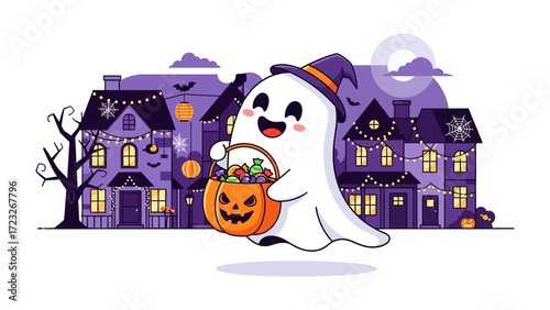 Ghostly Adventure: A whimsical illustration captures a friendly ghost with a jack-o'-lantern bucket, trick-or-treating amongst charming houses, under the moon.  It evokes joy and fun.