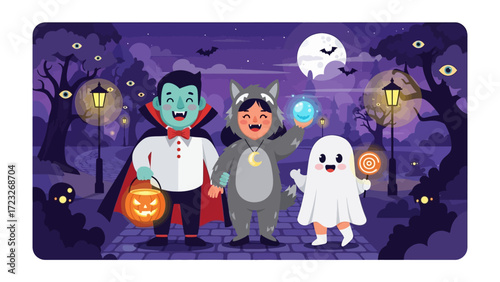 Halloween Costume Party: A captivating illustration showcases children dressed in various Halloween costumes, evoking the spirit of fun and spooky celebrations on a cool, moonlit night. 