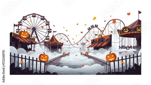 Halloween Carnival Extravaganza: A vibrant, whimsical illustration of a carnival scene, transformed for Halloween. A spooky, fun, and festive atmosphere.