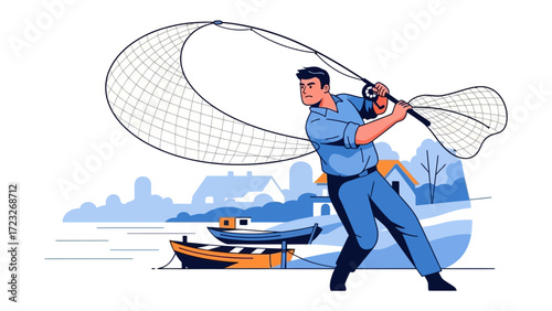 The Fisherman's Skill: A vibrant illustration of a fisherman casting a fishing net, demonstrating the classic art of angling near a quaint village.