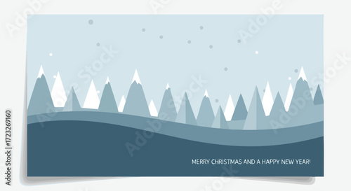 Serene snowy mountain landscape with falling snowflakes, perfect for festive holiday greetings and winter promotions.
