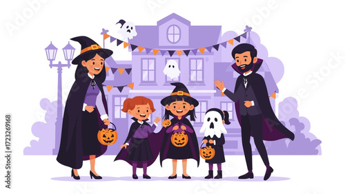 Happy Halloween: A family in Halloween costumes stands in front of a house decorated for the spooky season. The family consists of a woman, a man, and three children, all dressed up in festive attire.