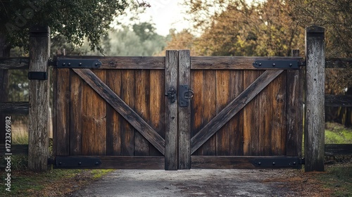 Wooden and metal gate with straightforward panels and a natural, rustic look