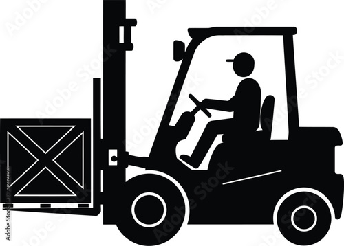 Forklift operator loading shipping crate logistics warehouse industrial scene silhouette vector
