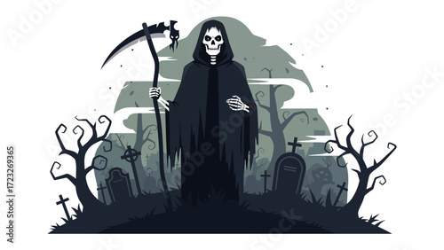 Grim Reaper in the Cemetery: A sinister Grim Reaper stands ominously within a haunting cemetery, carrying a scythe amidst weathered tombstones and a foreboding atmosphere.