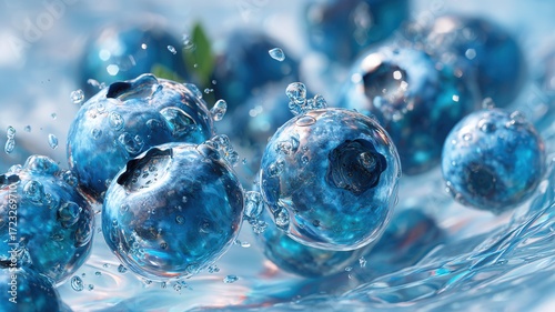 Ripe blueberries splashing into transparent water, highlighting natural freshness and nutritional benefits
