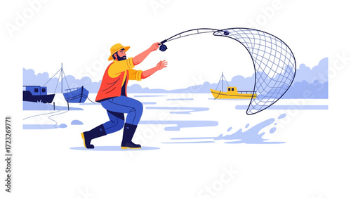 A Fisherman Casting His Net: A focused fisherman with a determined gaze casts a fishing net over the serene water, capturing the timeless essence of the activity.