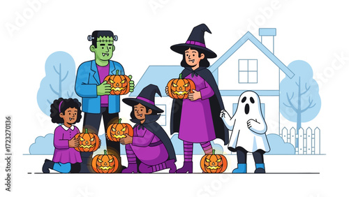 Halloween Family Gathering: A festive scene showcasing a family costumed for Halloween, posing with carved pumpkins. Capture the playful atmosphere and the spooky spirit of the holiday. 