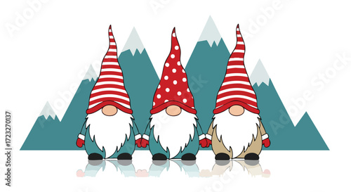 Charming trio of festive gnomes with pointed hats and bushy beards stand together against a serene mountain backdrop